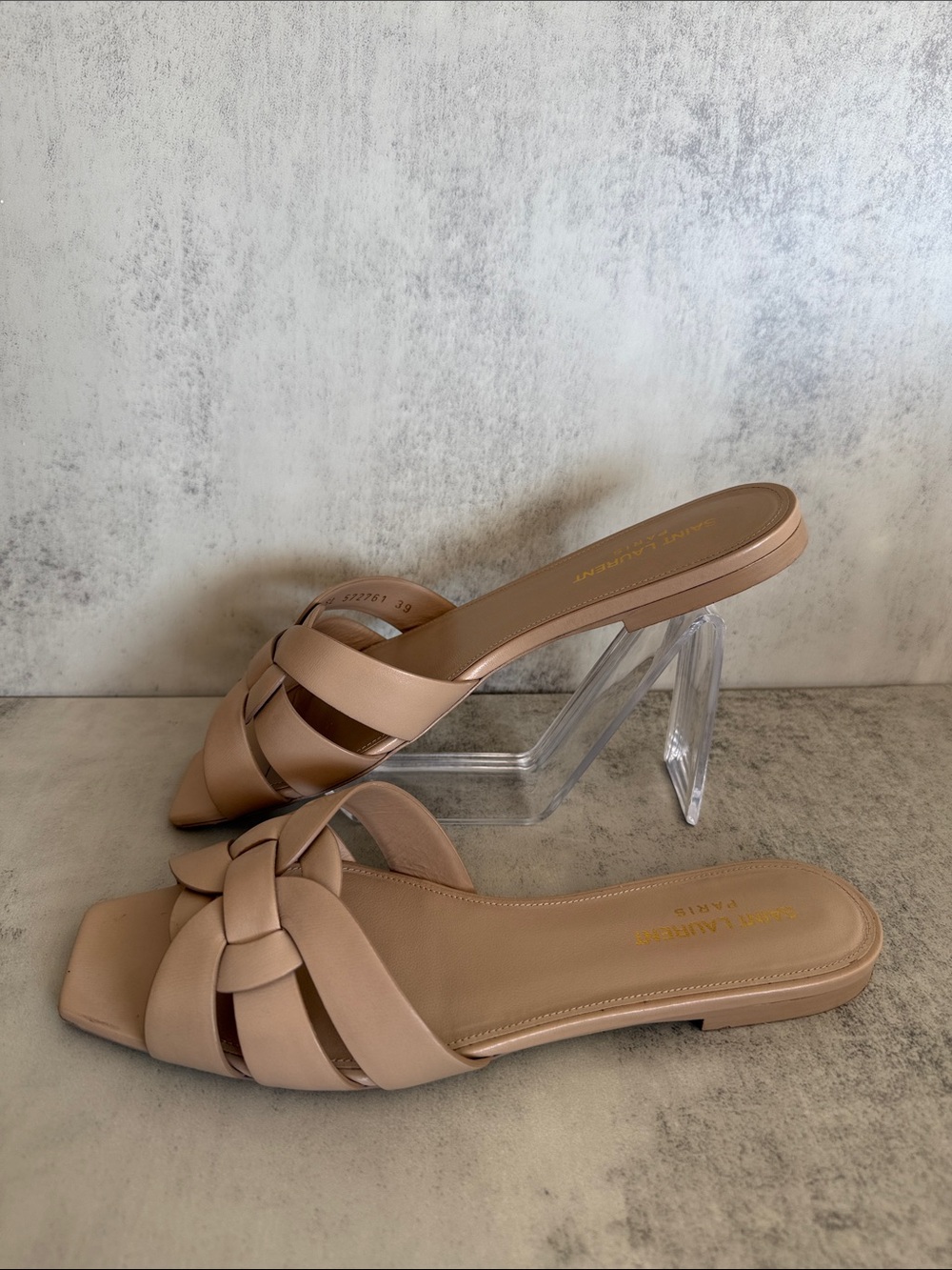 Saint Laurent Tribute Nude Leather Flat Slide Sandals Size 39